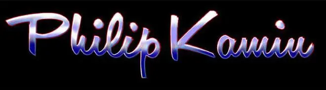 A black background with the word " philip k." written in purple and blue.
